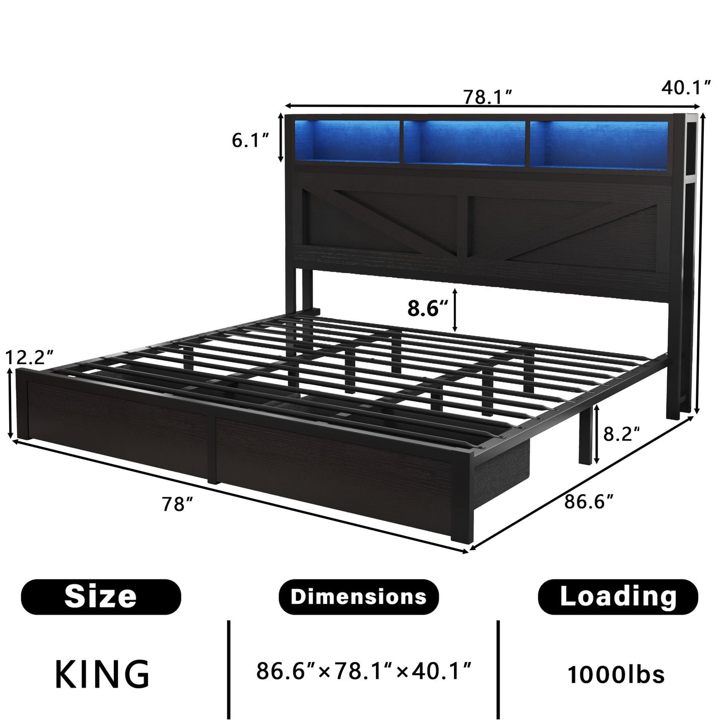 Farmhouse King Bed Frame with Headboard – Black