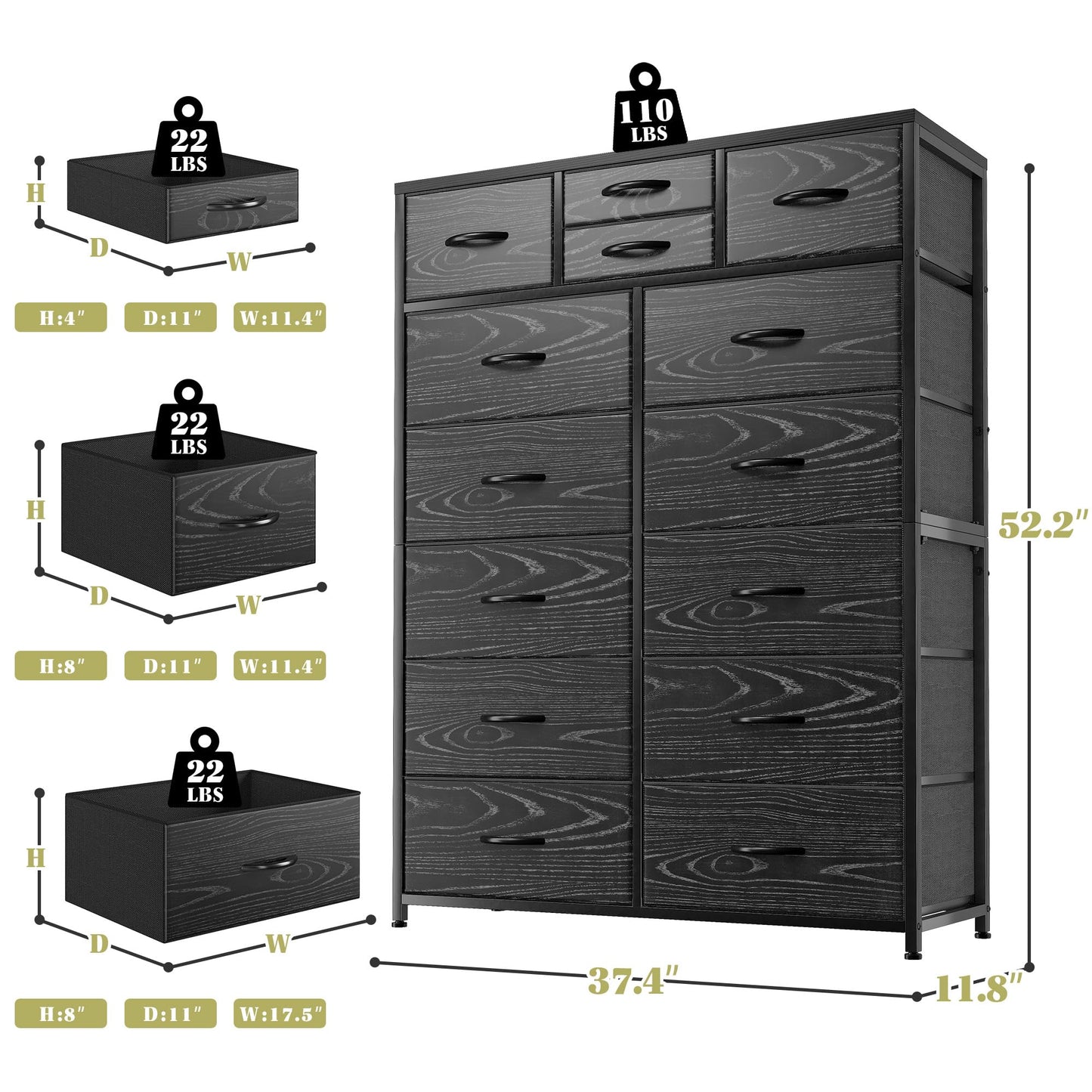 14-Drawer Fabric Dresser – Grey