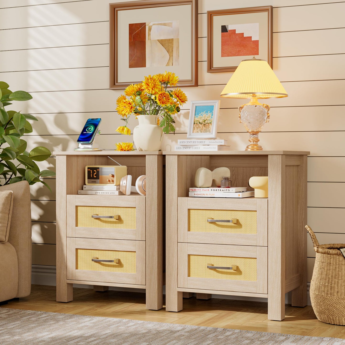 YESHOMY Rattan Nightstands – Set of 2, Natural