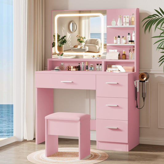 Makeup Vanity Desk Set with LED Mirror, White