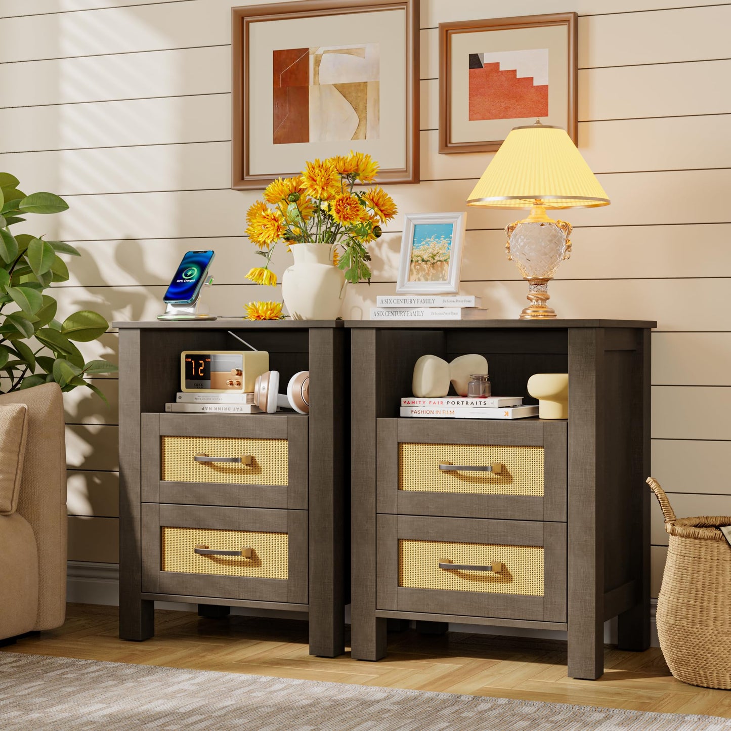 YESHOMY Rattan Nightstands – Set of 2, Natural