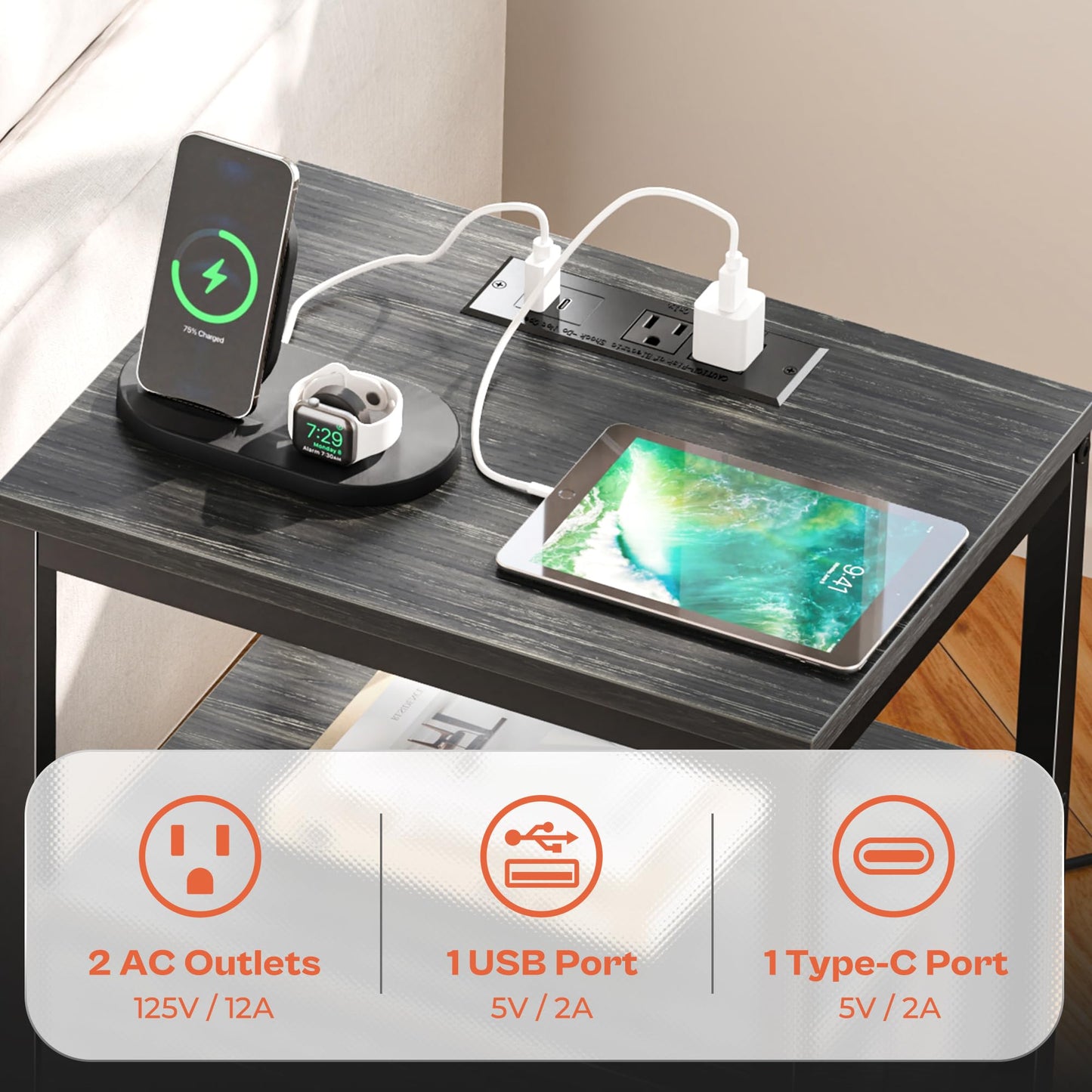 SUPERJARE Nightstand with Charging Station
