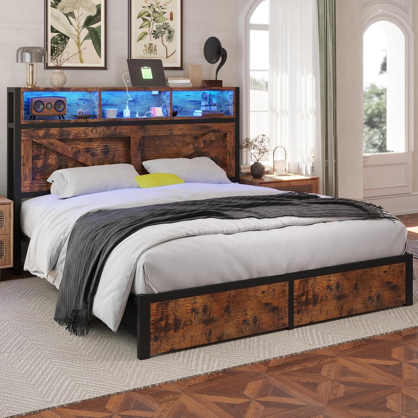 Farmhouse King Bed Frame with Headboard – Black