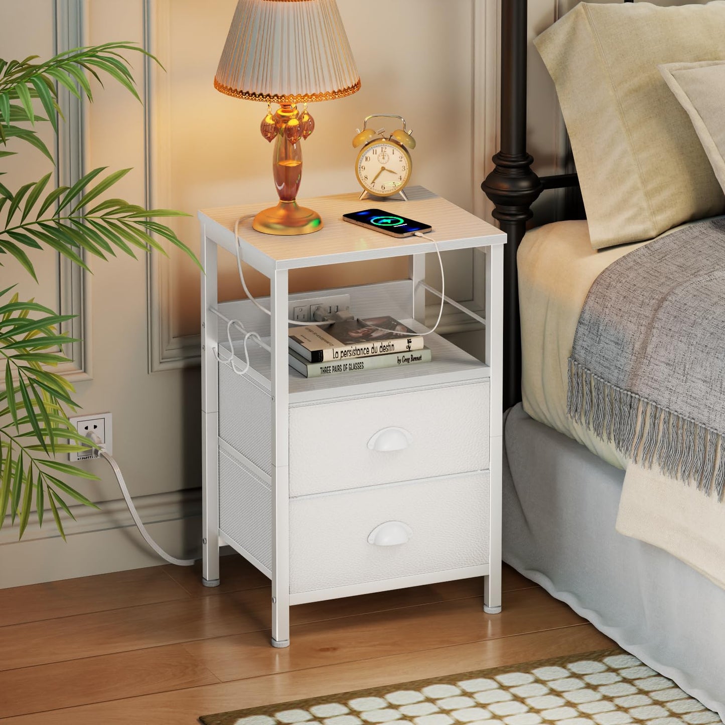 Furologee Nightstand with Charging Station, White
