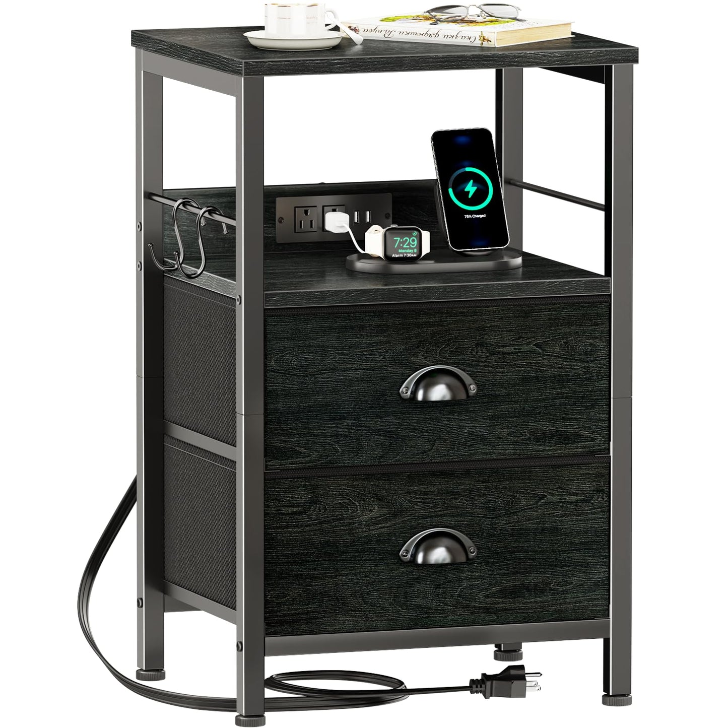 Furologee Nightstand with Charging Station, White