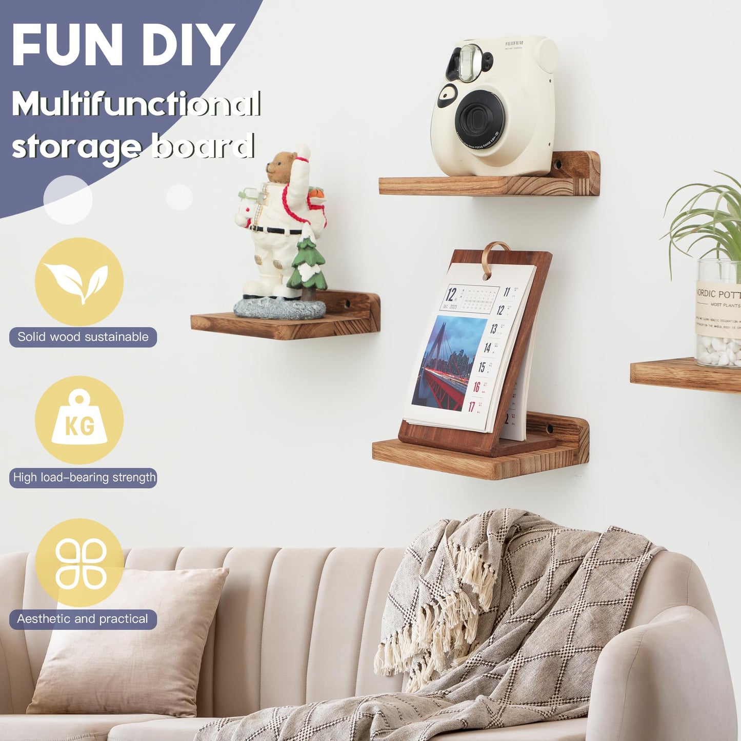 Small Floating Shelves 8-Pack, 4"x4", Rustic White