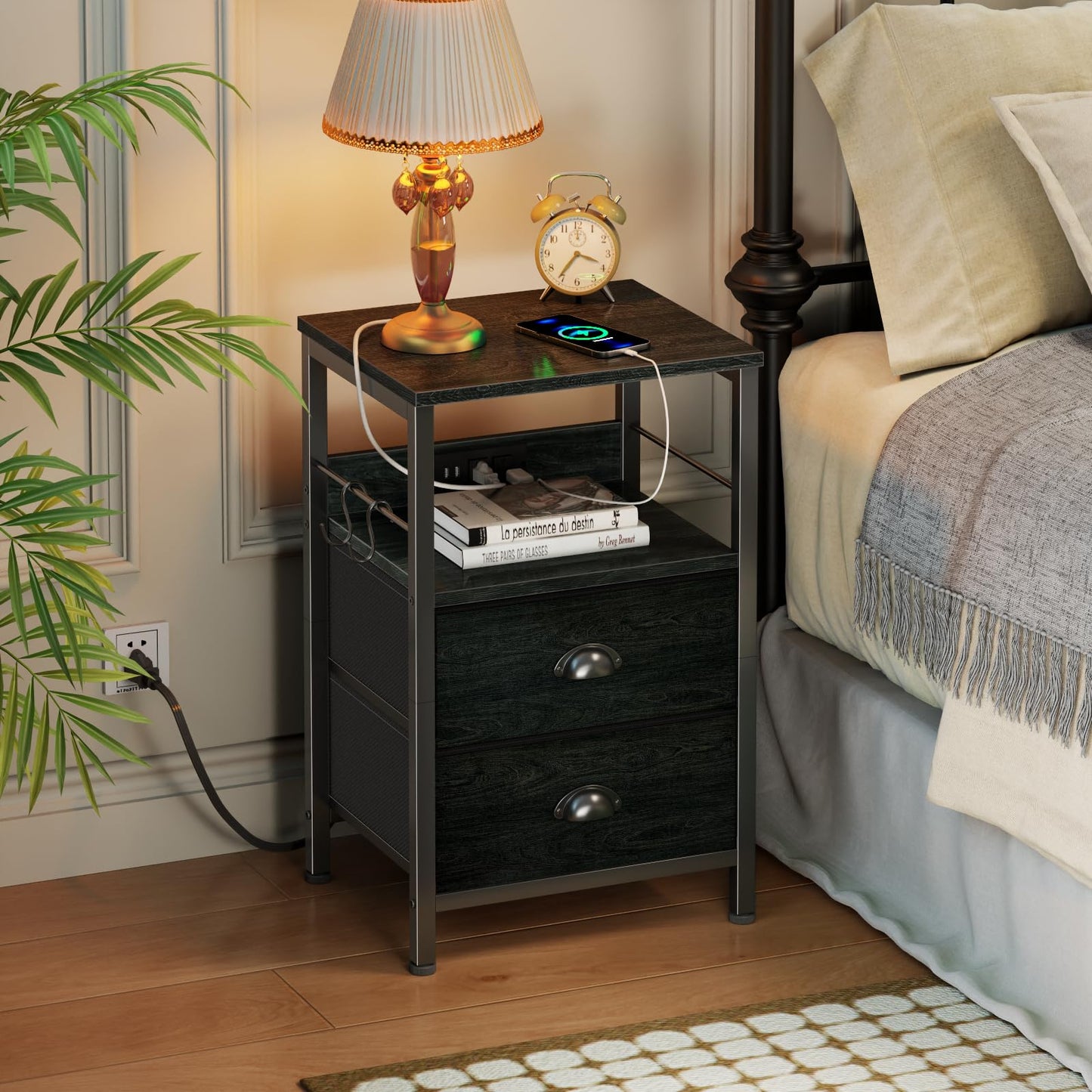 Furologee Nightstand with Charging Station, White