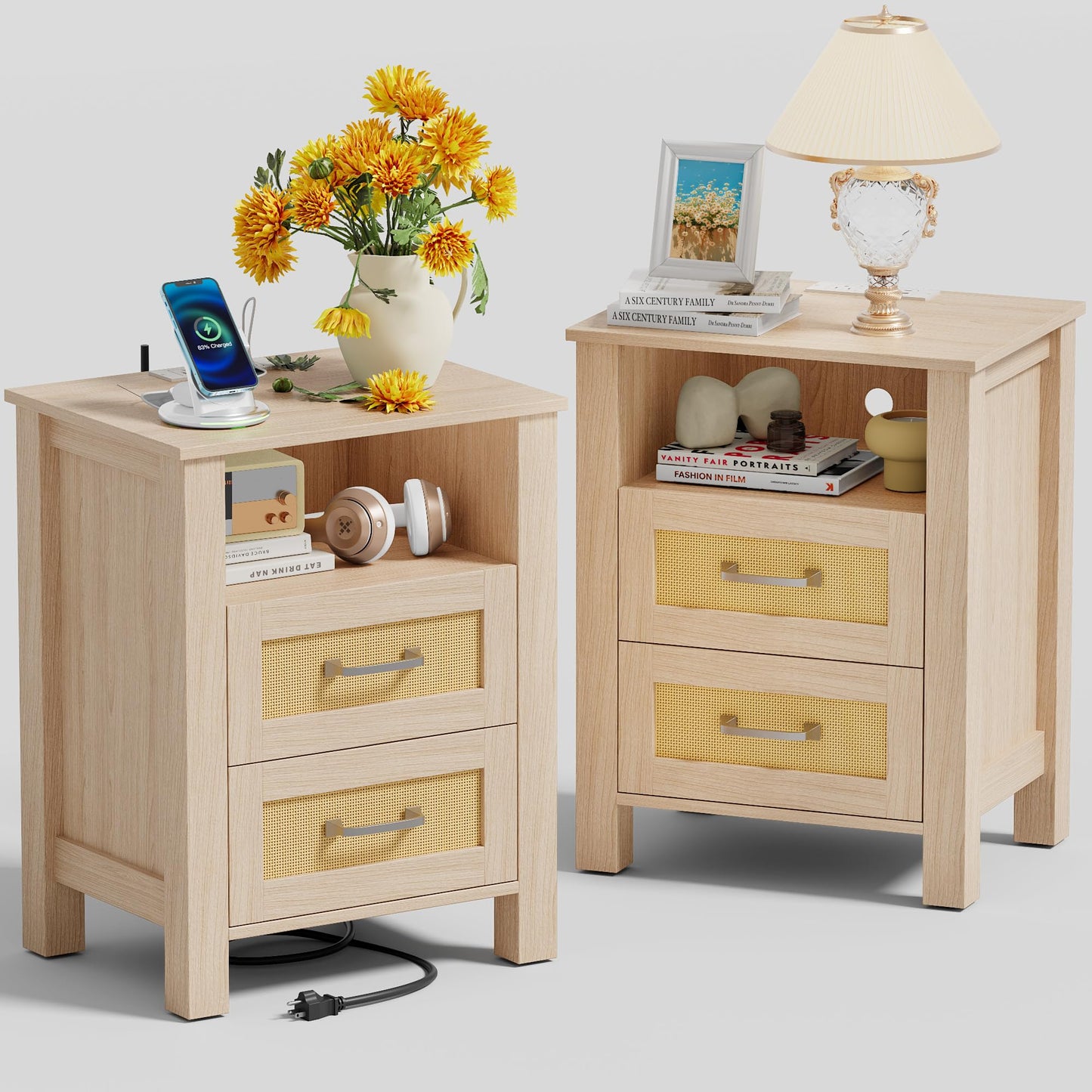 YESHOMY Rattan Nightstands – Set of 2, Natural