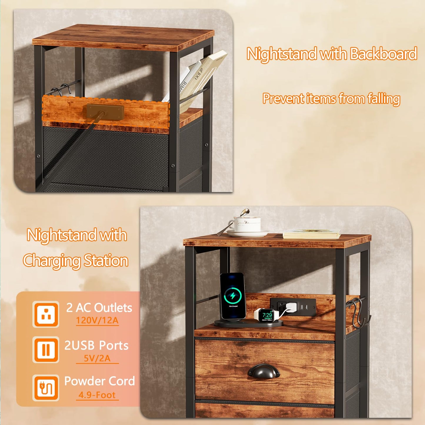 Furologee Nightstand with Charging Station, White