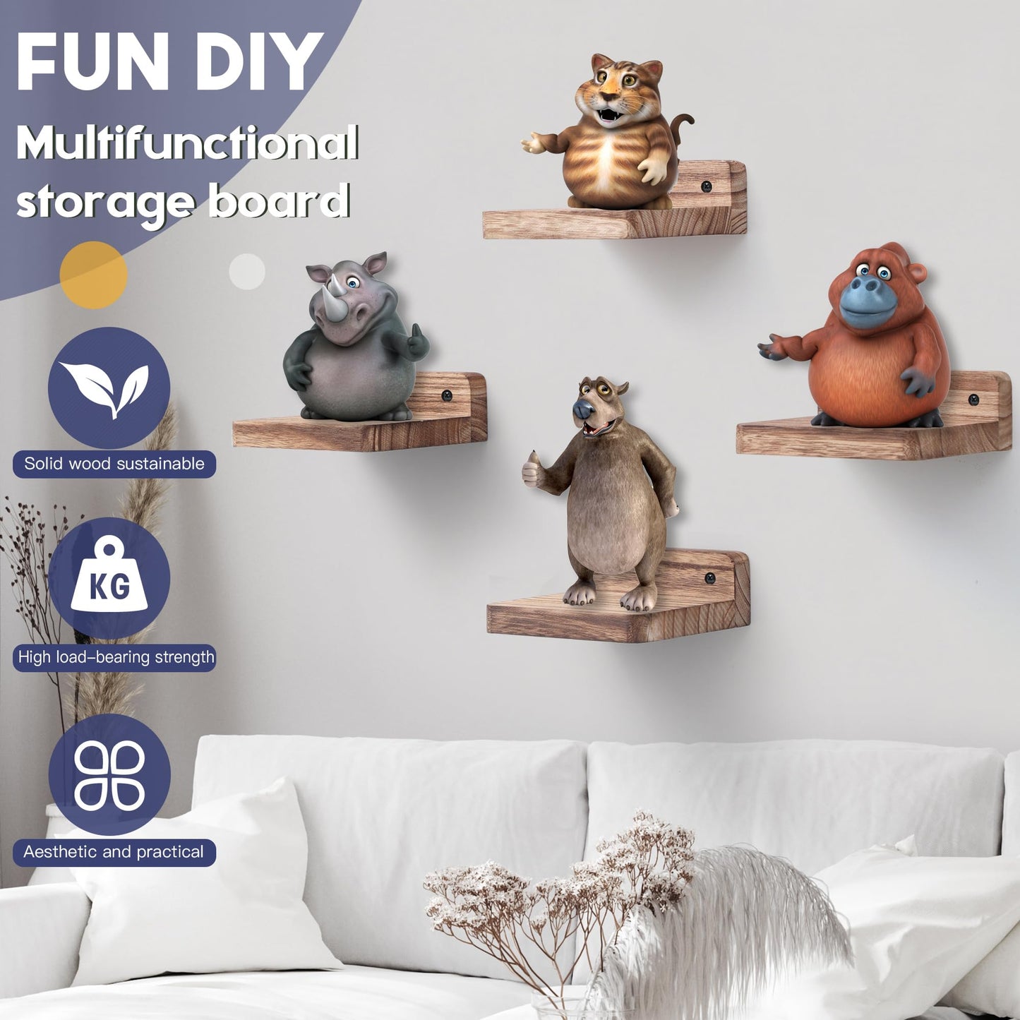 Small Floating Shelves 8-Pack, 4"x4", Rustic White