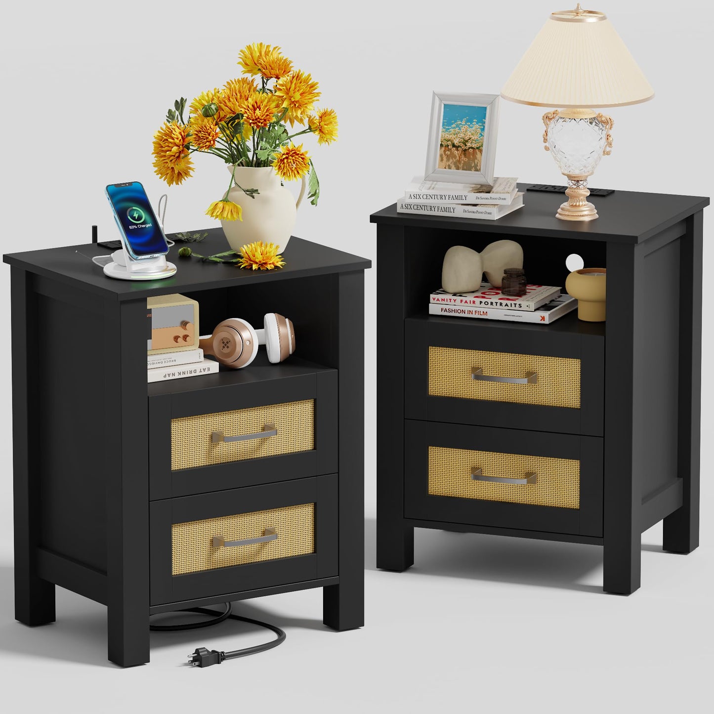 YESHOMY Rattan Nightstands – Set of 2, Natural