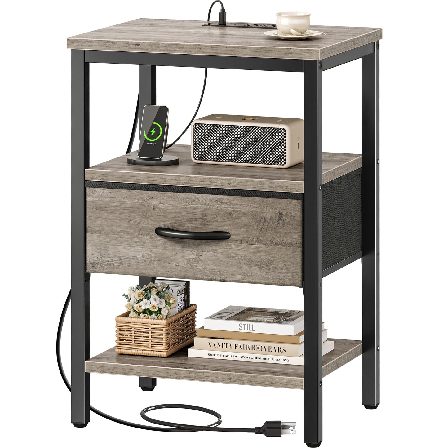 SUPERJARE Nightstand with Charging Station