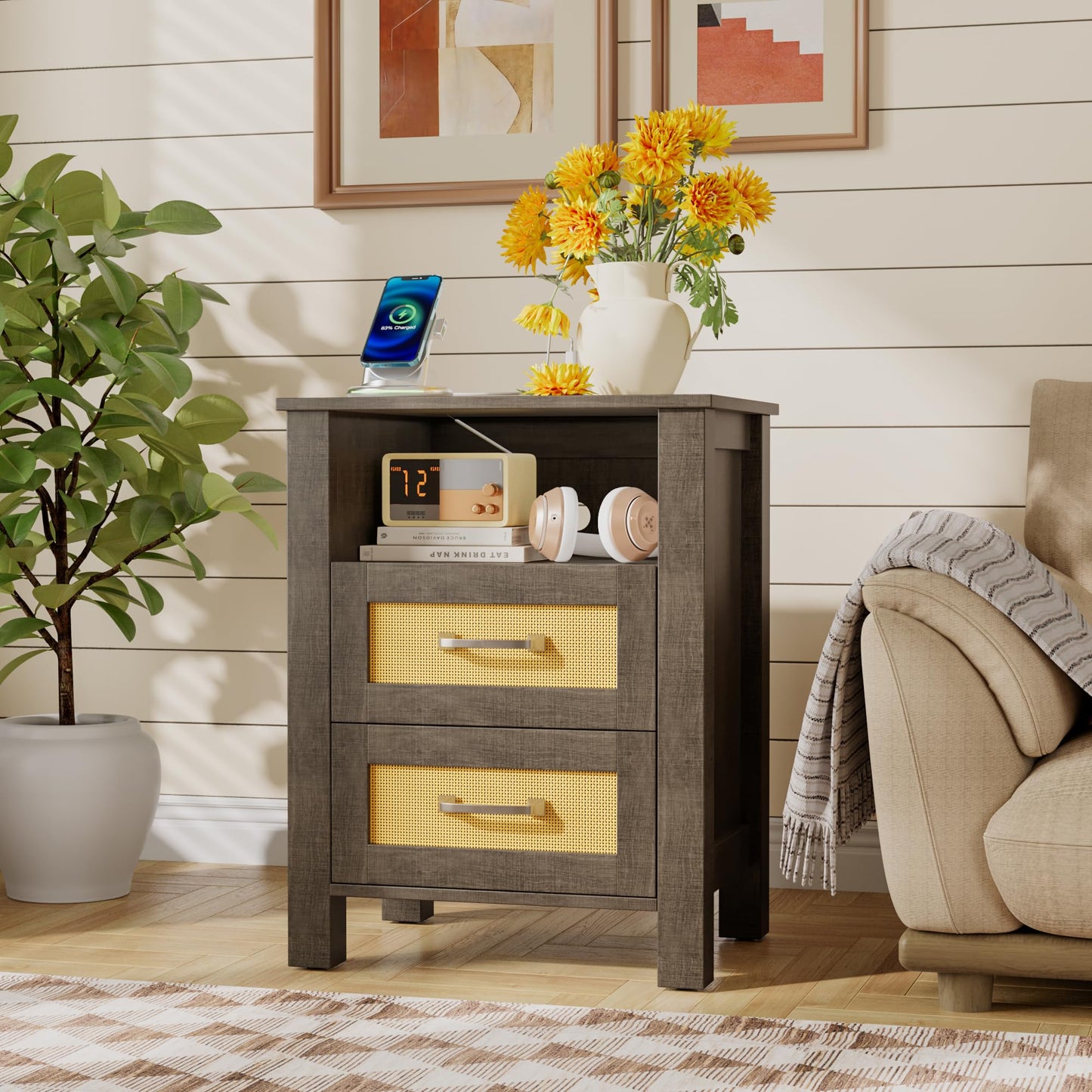 YESHOMY Rattan Nightstands – Set of 2, Natural
