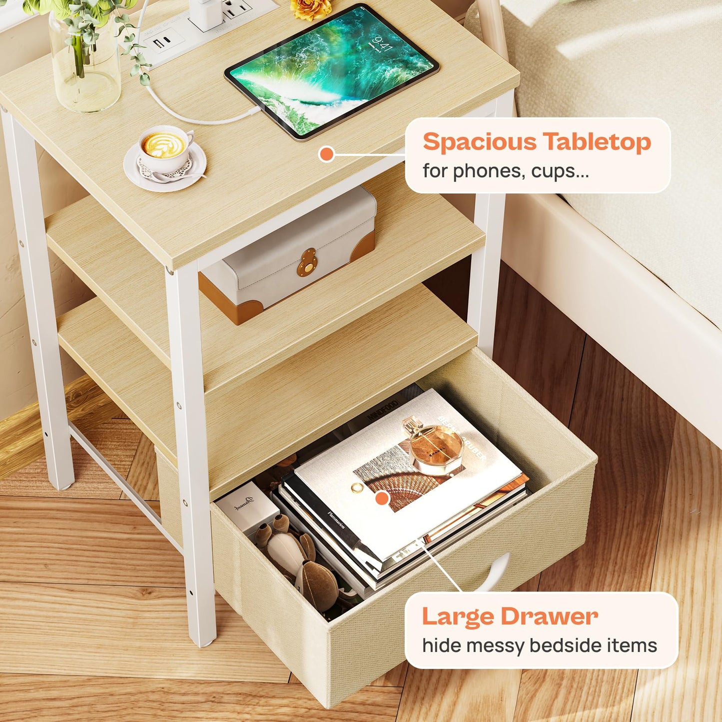 SUPERJARE Nightstand with Charging Station
