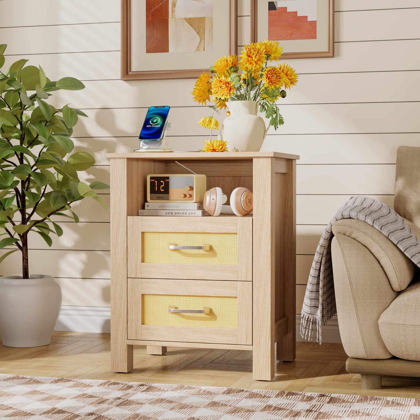YESHOMY Rattan Nightstands – Set of 2, Natural