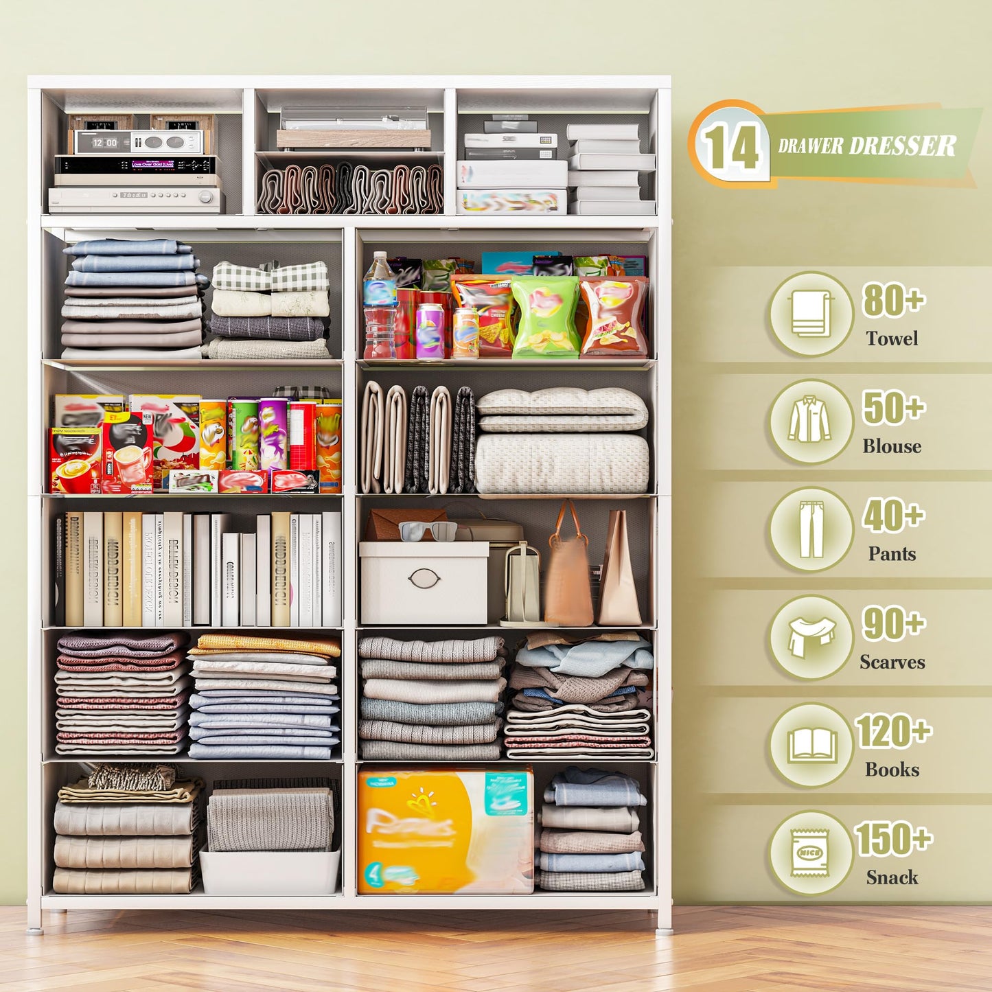 14-Drawer Fabric Dresser – Grey