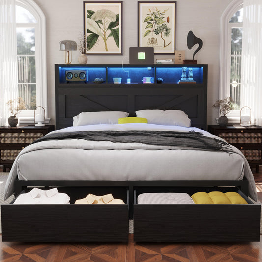 Farmhouse King Bed Frame with Headboard – Black
