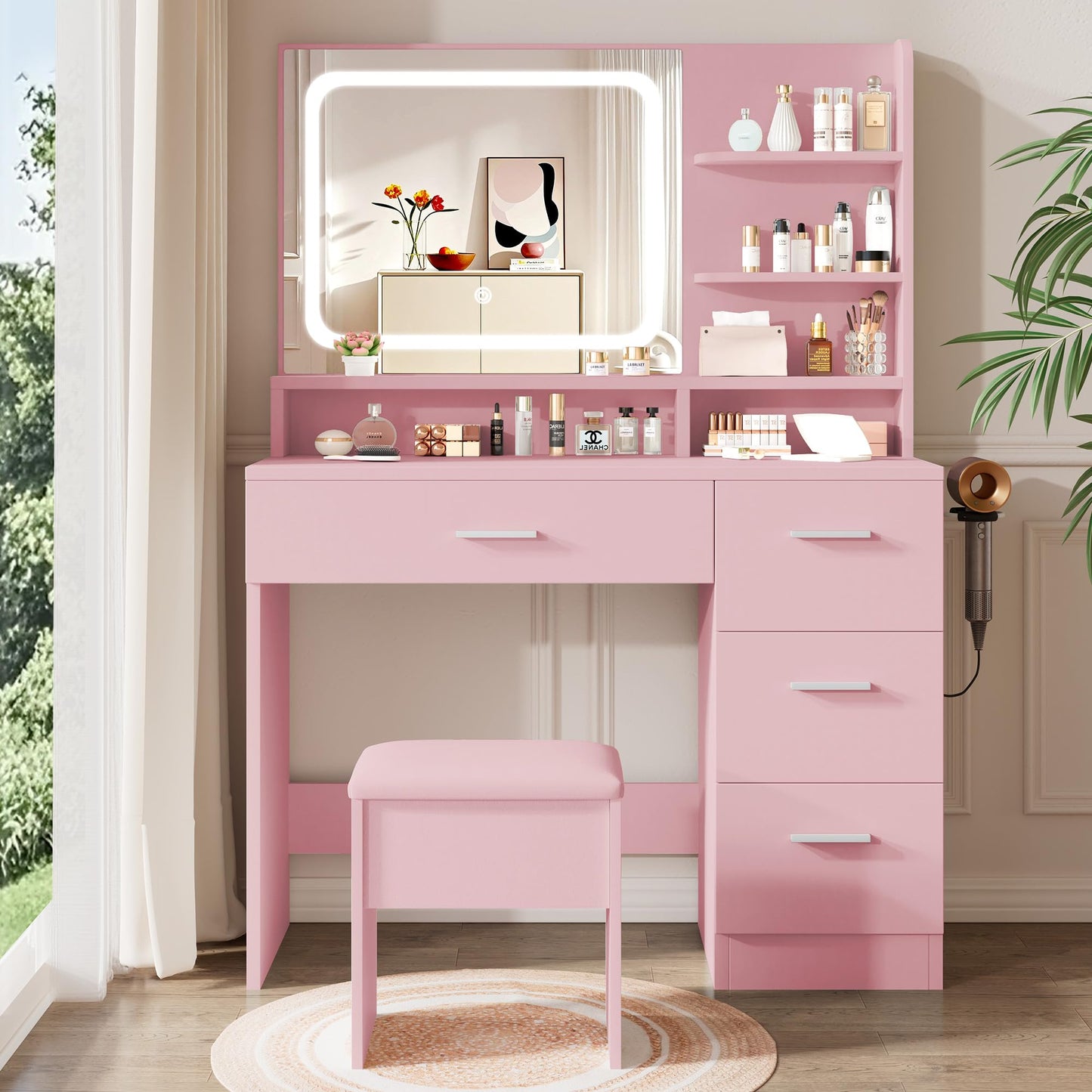 Makeup Vanity Desk Set with LED Mirror, White