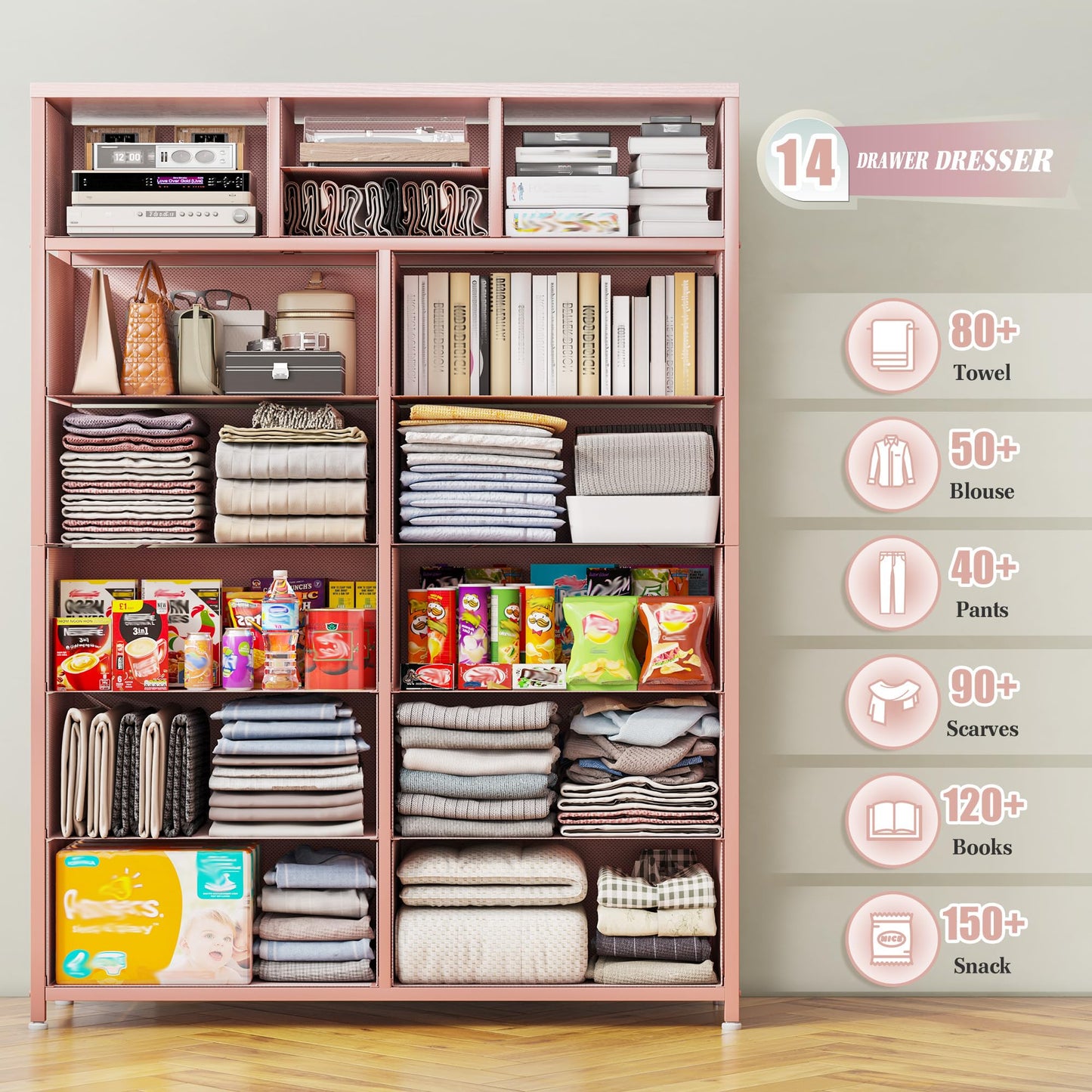 14-Drawer Fabric Dresser – Grey
