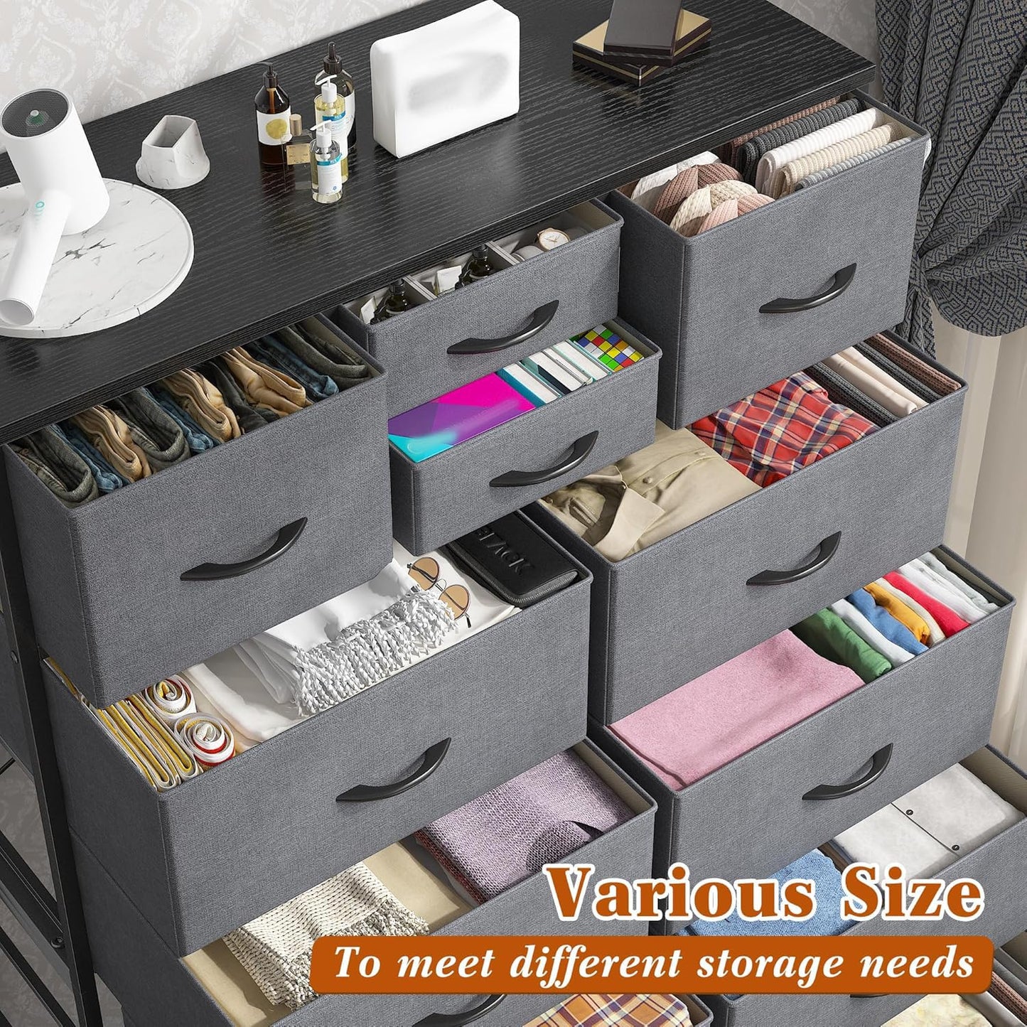 14-Drawer Fabric Dresser – Grey