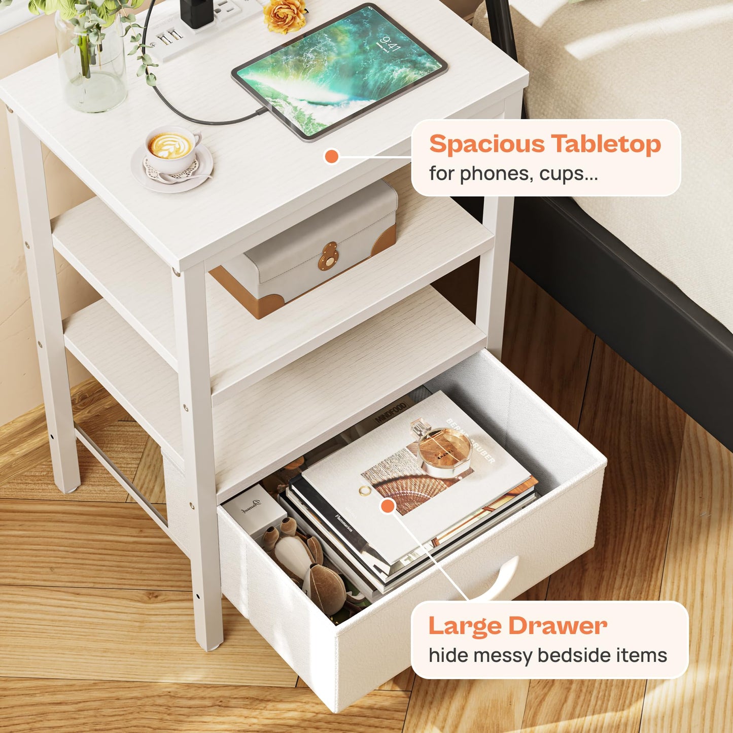 SUPERJARE Nightstand with Charging Station