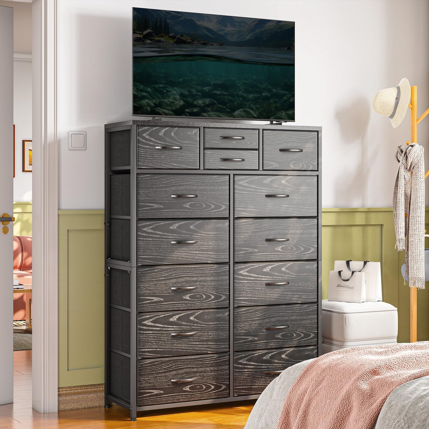 14-Drawer Fabric Dresser – Grey