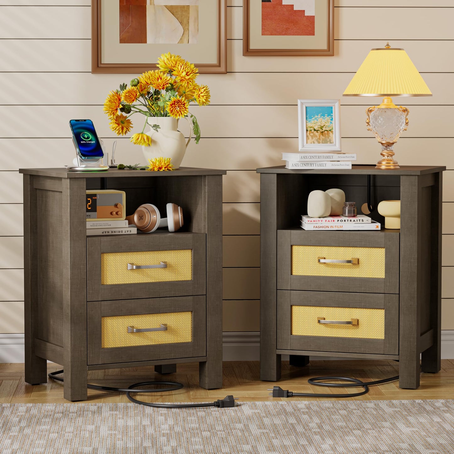YESHOMY Rattan Nightstands – Set of 2, Natural