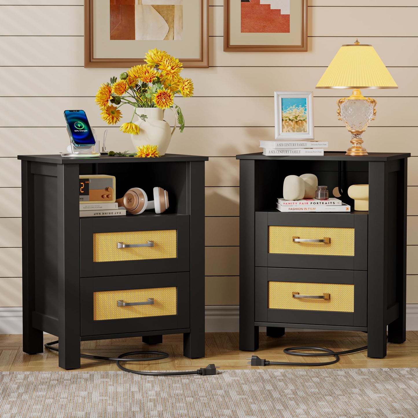 YESHOMY Rattan Nightstands – Set of 2, Natural