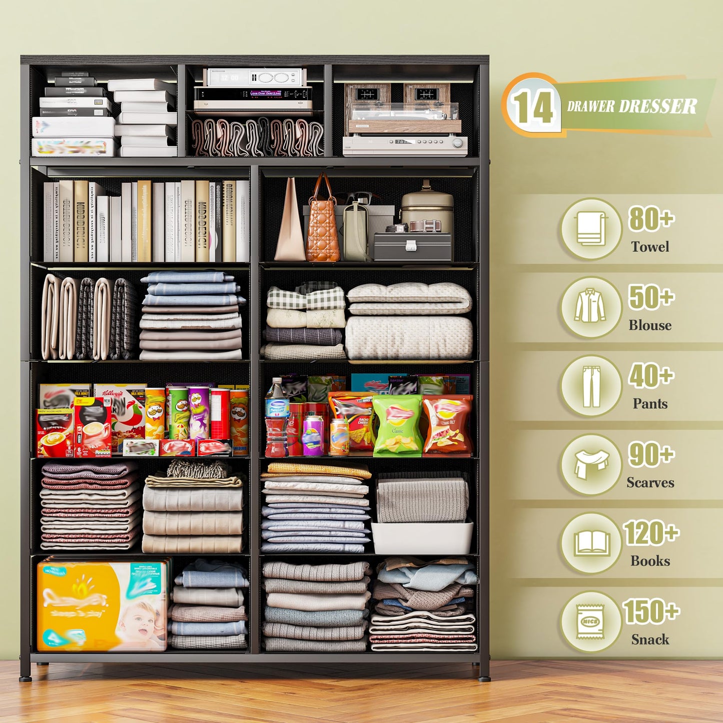 14-Drawer Fabric Dresser – Grey