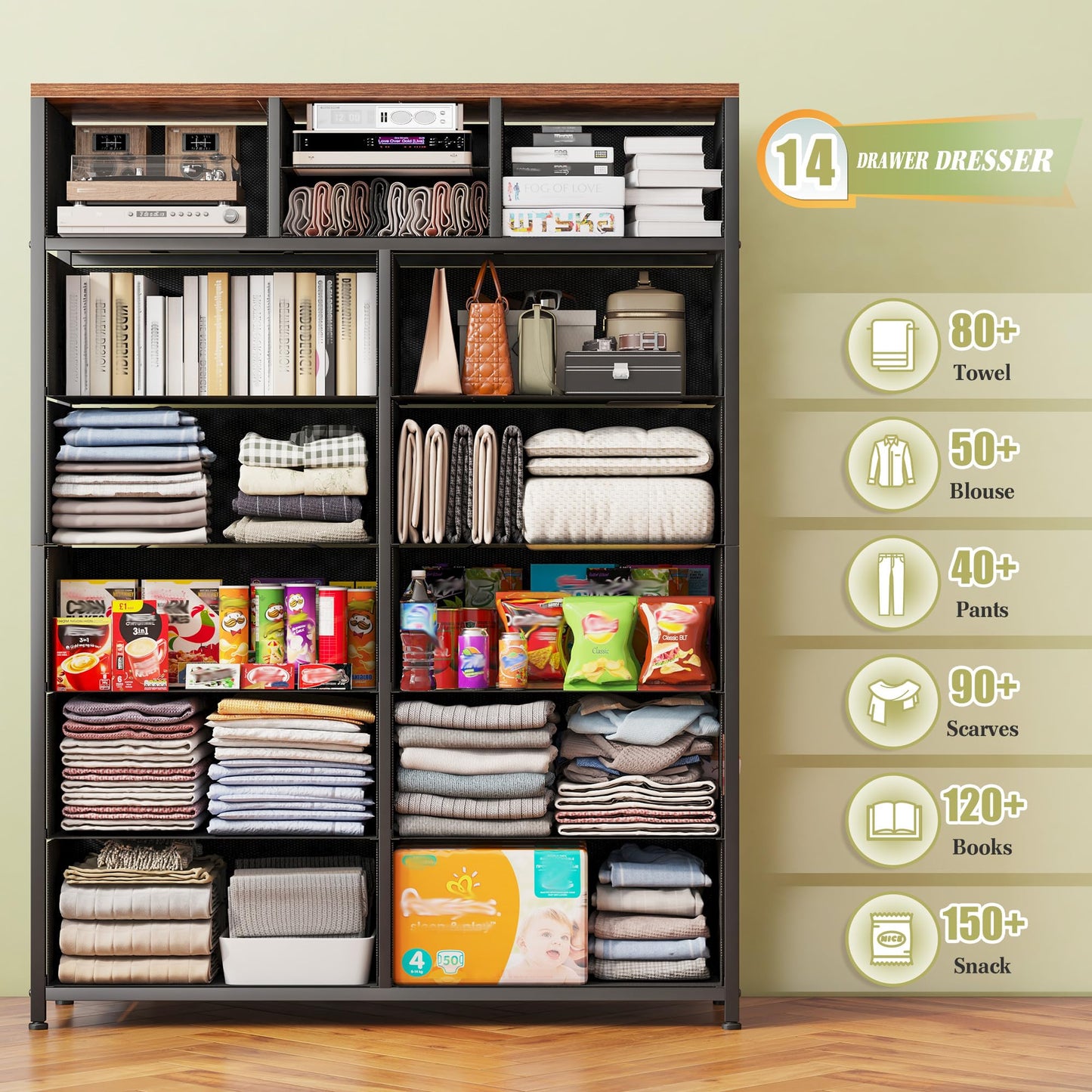 14-Drawer Fabric Dresser – Grey
