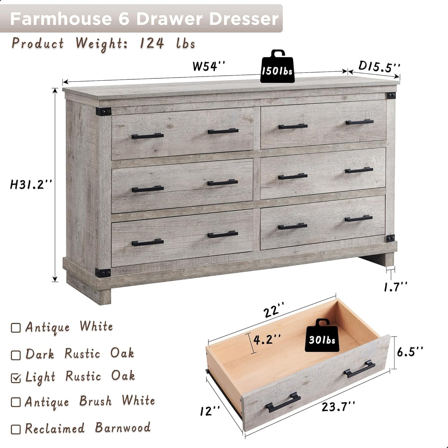 T4TREAM 6-Drawer Farmhouse Dresser 54"