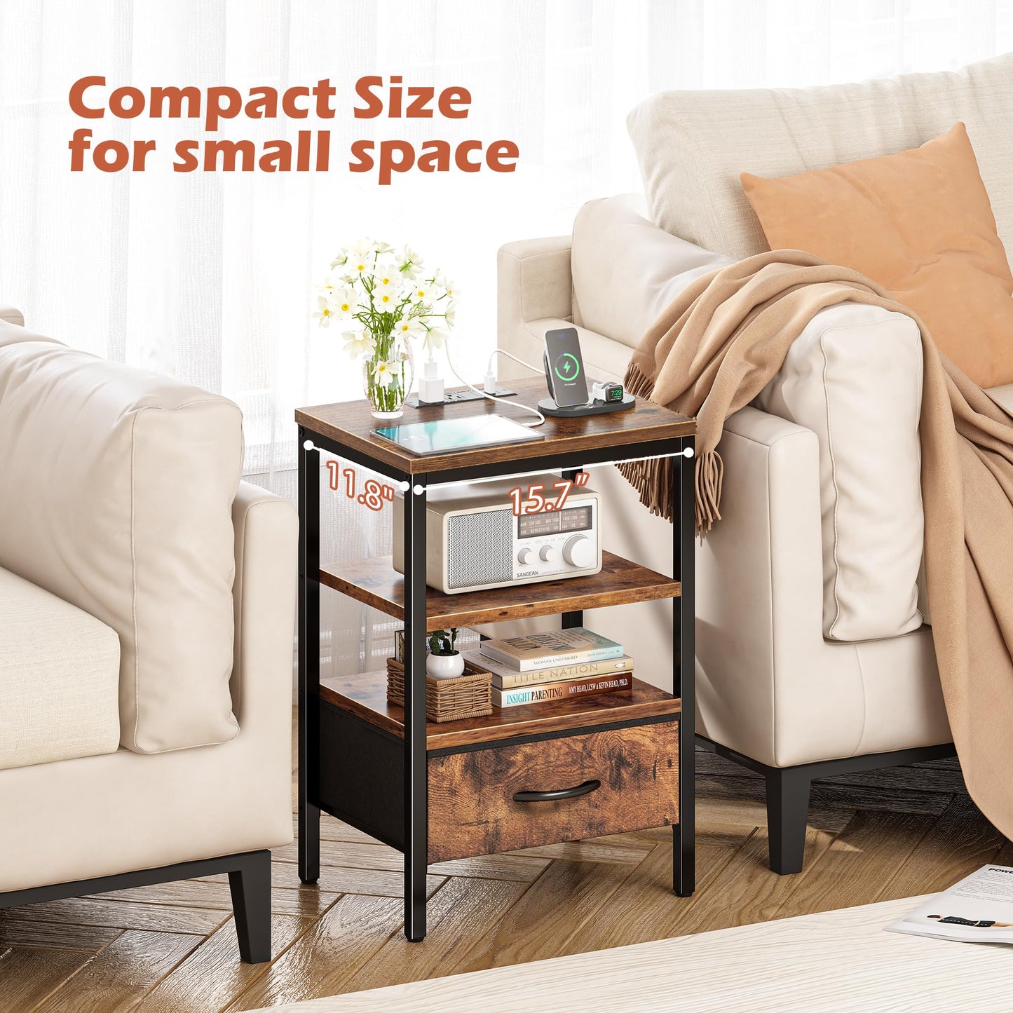 SUPERJARE Nightstand with Charging Station