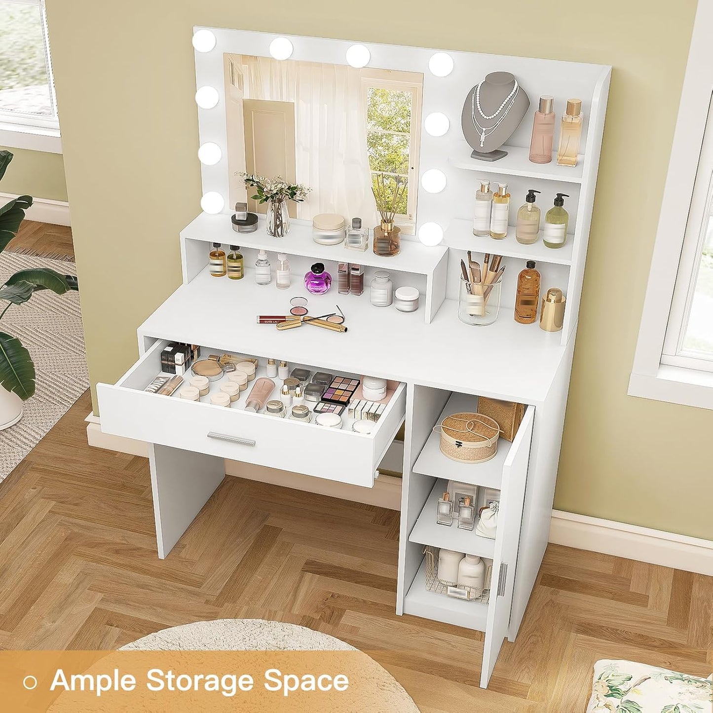 Quimoo Vanity Desk with Mirror & Lights, White