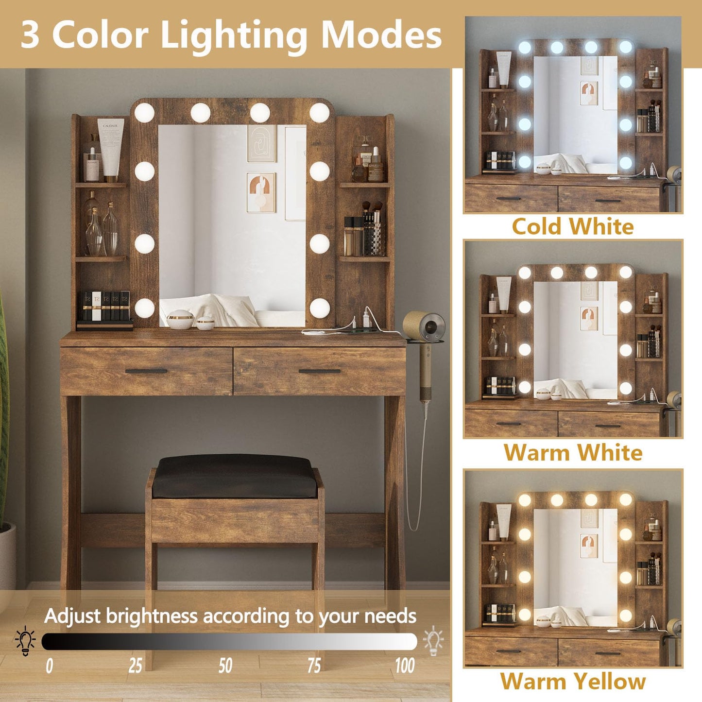 Vabches Vanity Desk with Lights, White