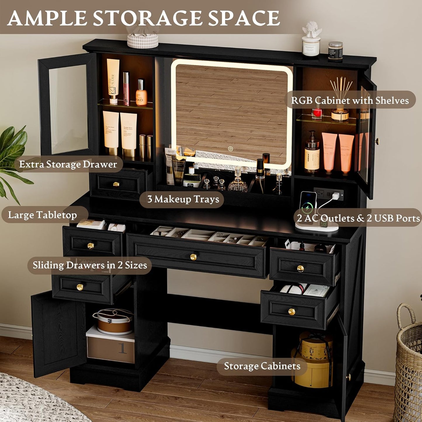 Farmhouse Vanity Desk with Lighted Mirror – Black