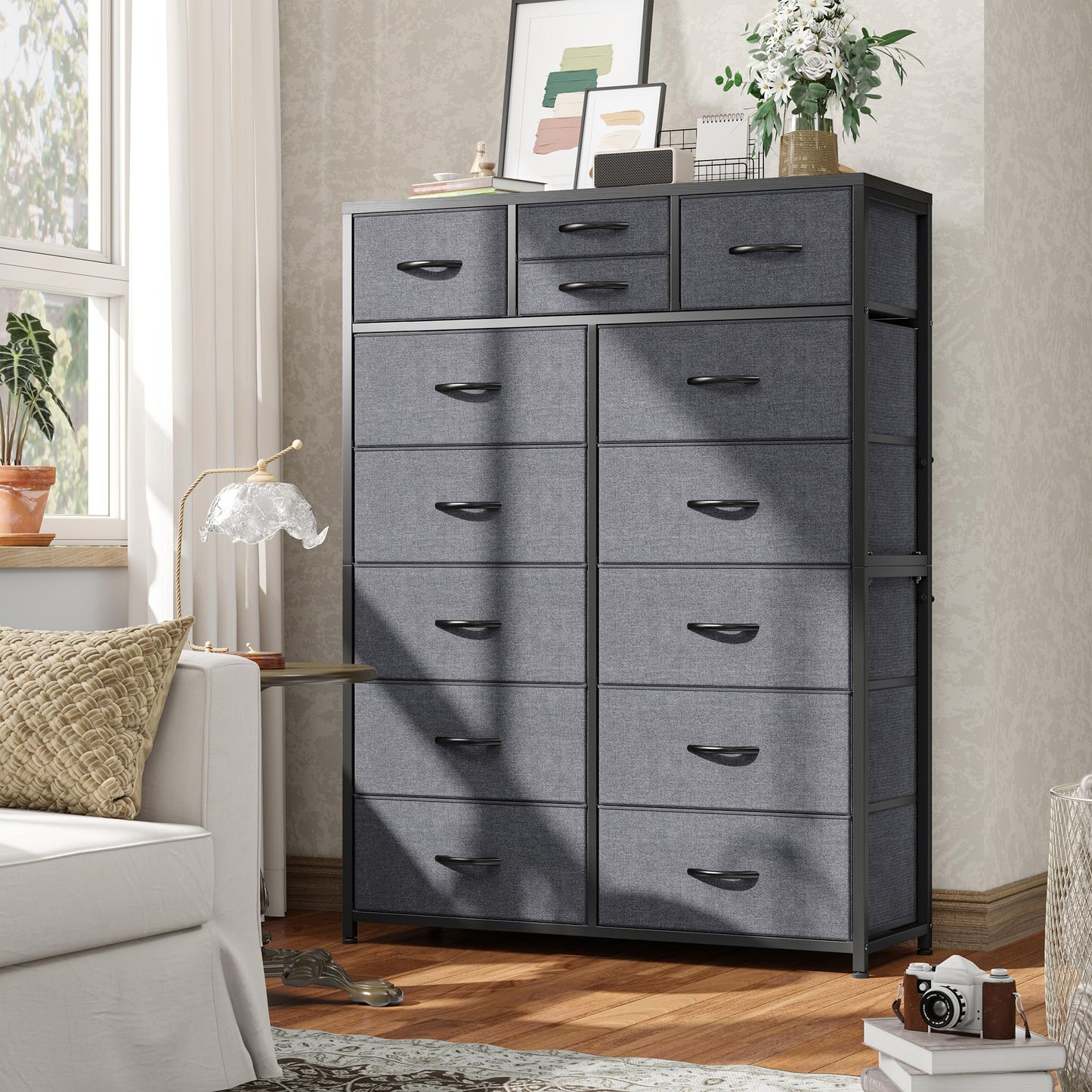 14-Drawer Fabric Dresser – Grey