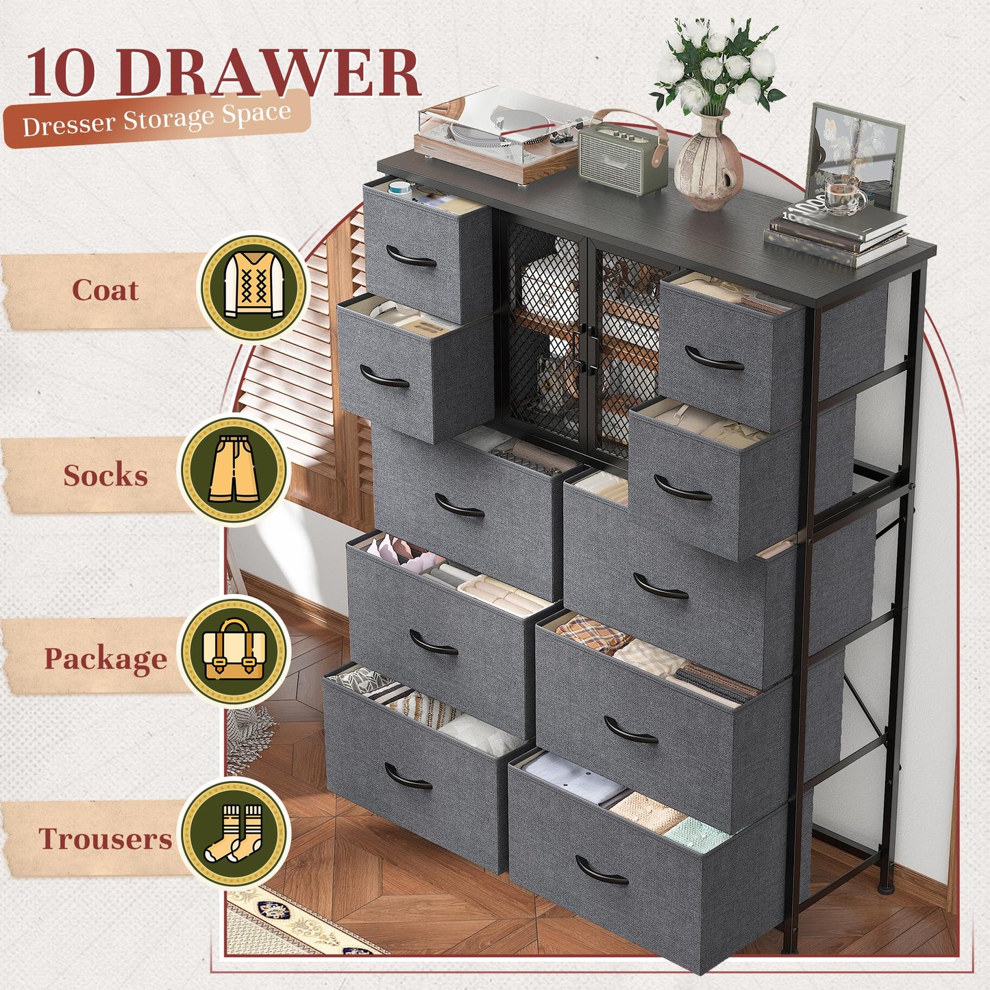 10-Drawer Rustic Brown Dresser 48.2"x38.1"x11.8"