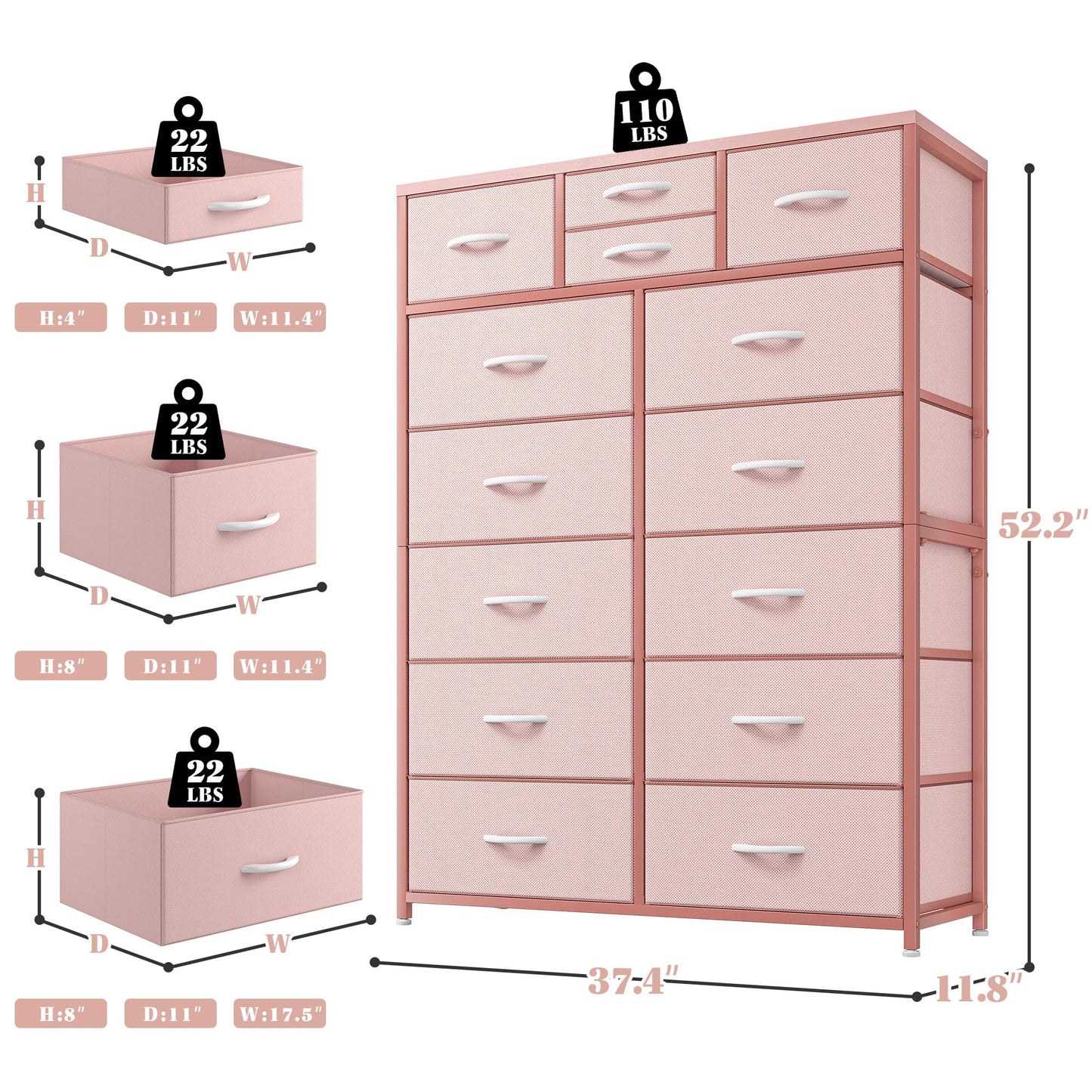 14-Drawer Fabric Dresser – Grey