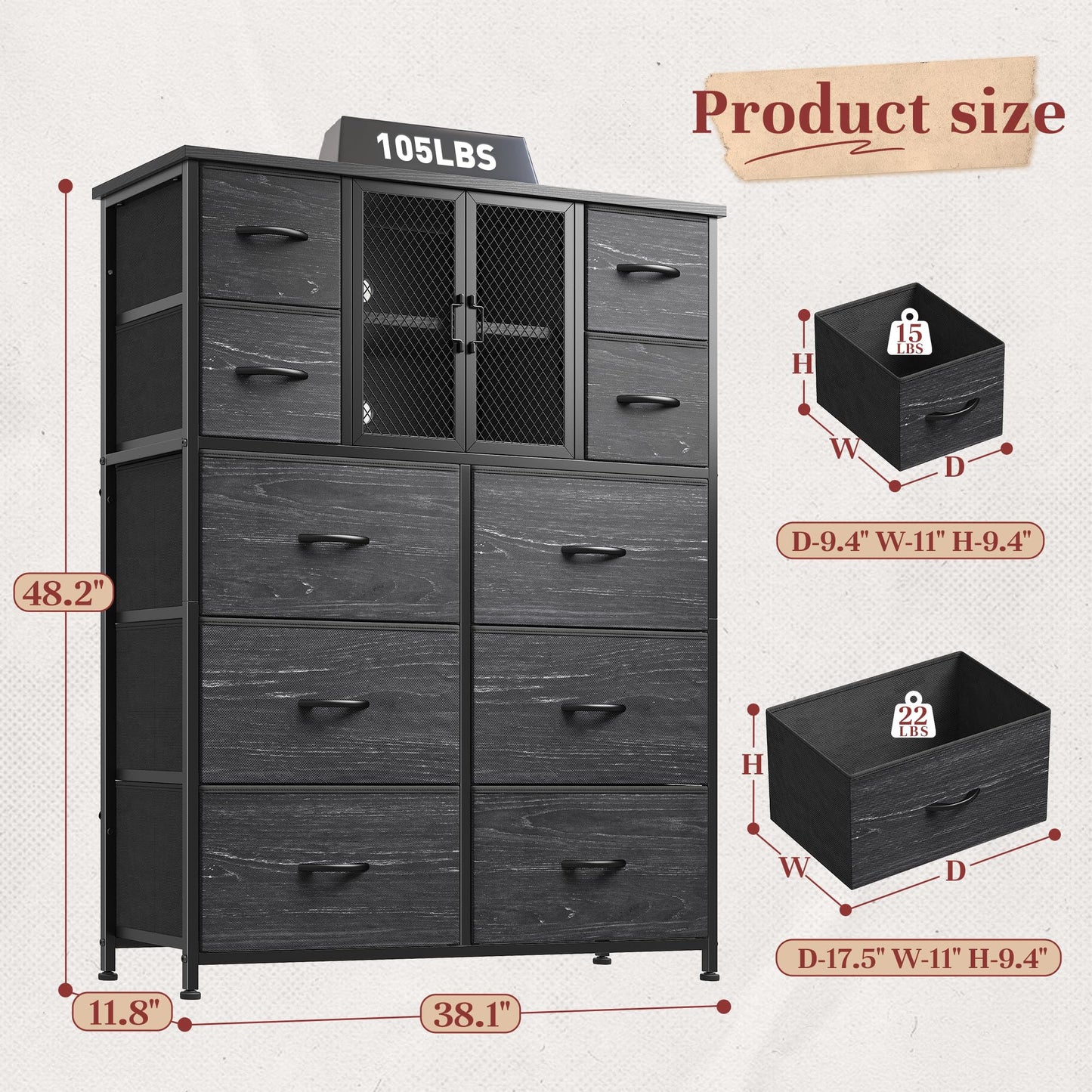 10-Drawer Rustic Brown Dresser 48.2"x38.1"x11.8"