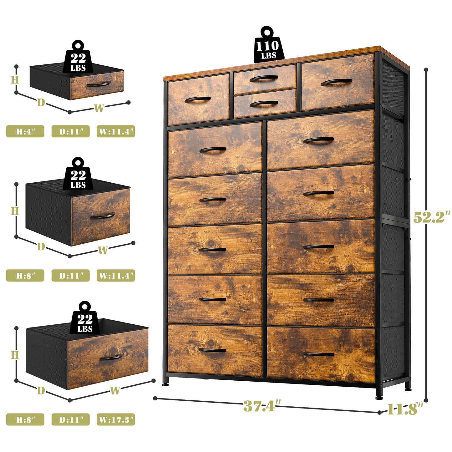 14-Drawer Fabric Dresser – Grey
