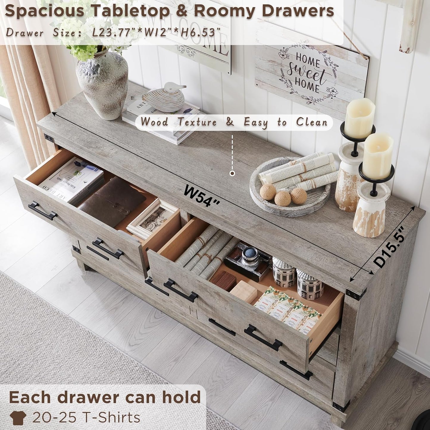 T4TREAM 6-Drawer Farmhouse Dresser 54"