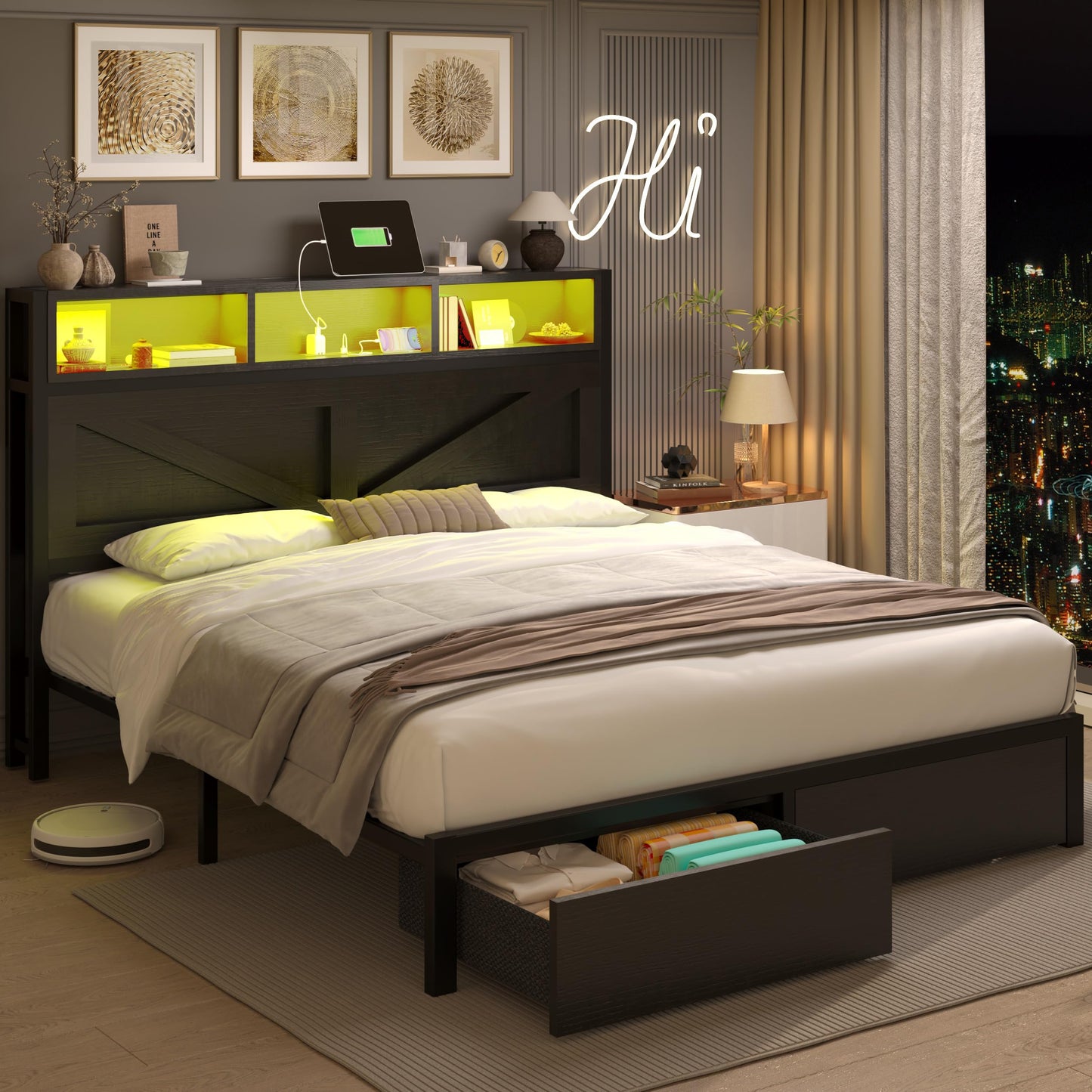 Farmhouse King Bed Frame with Headboard – Black