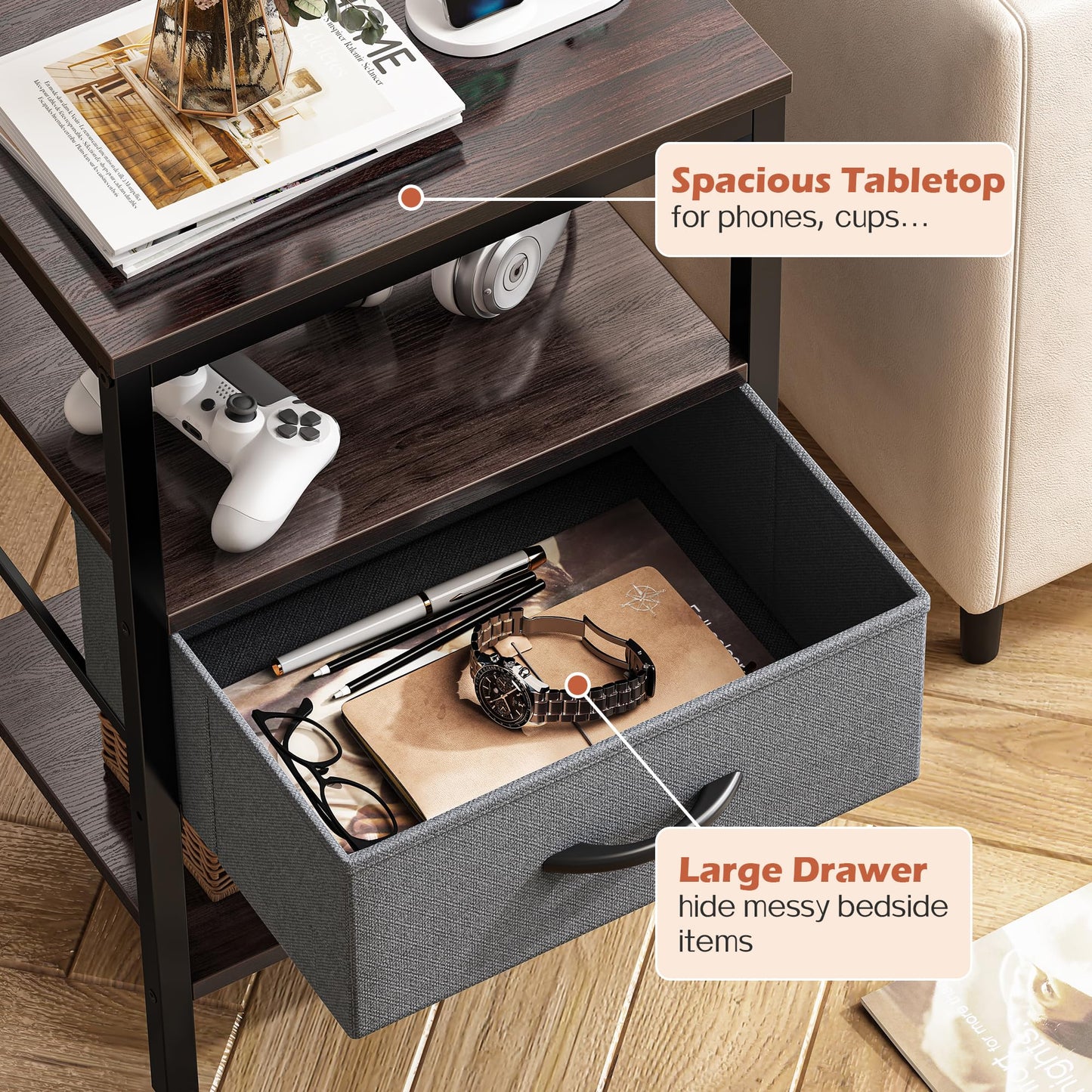 SUPERJARE Nightstand with Charging Station