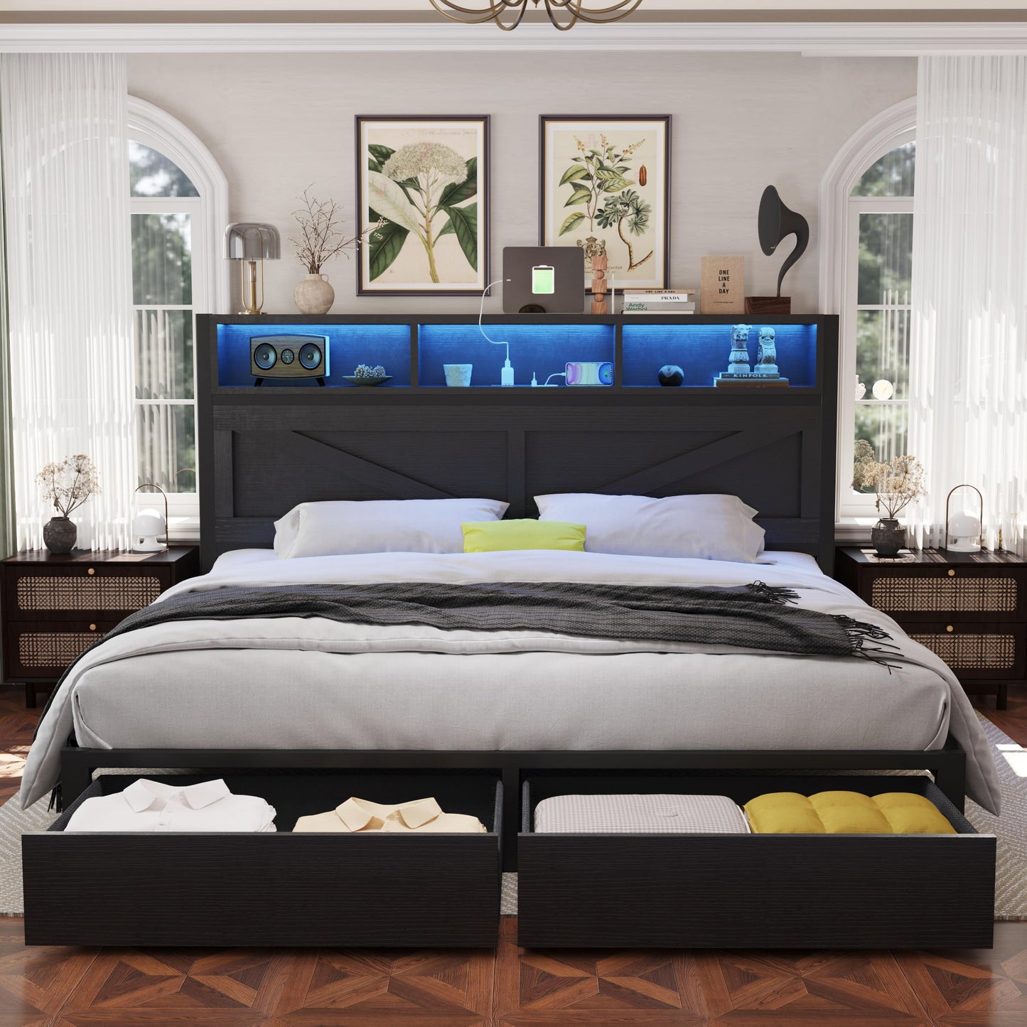 Farmhouse King Bed Frame with Headboard – Black
