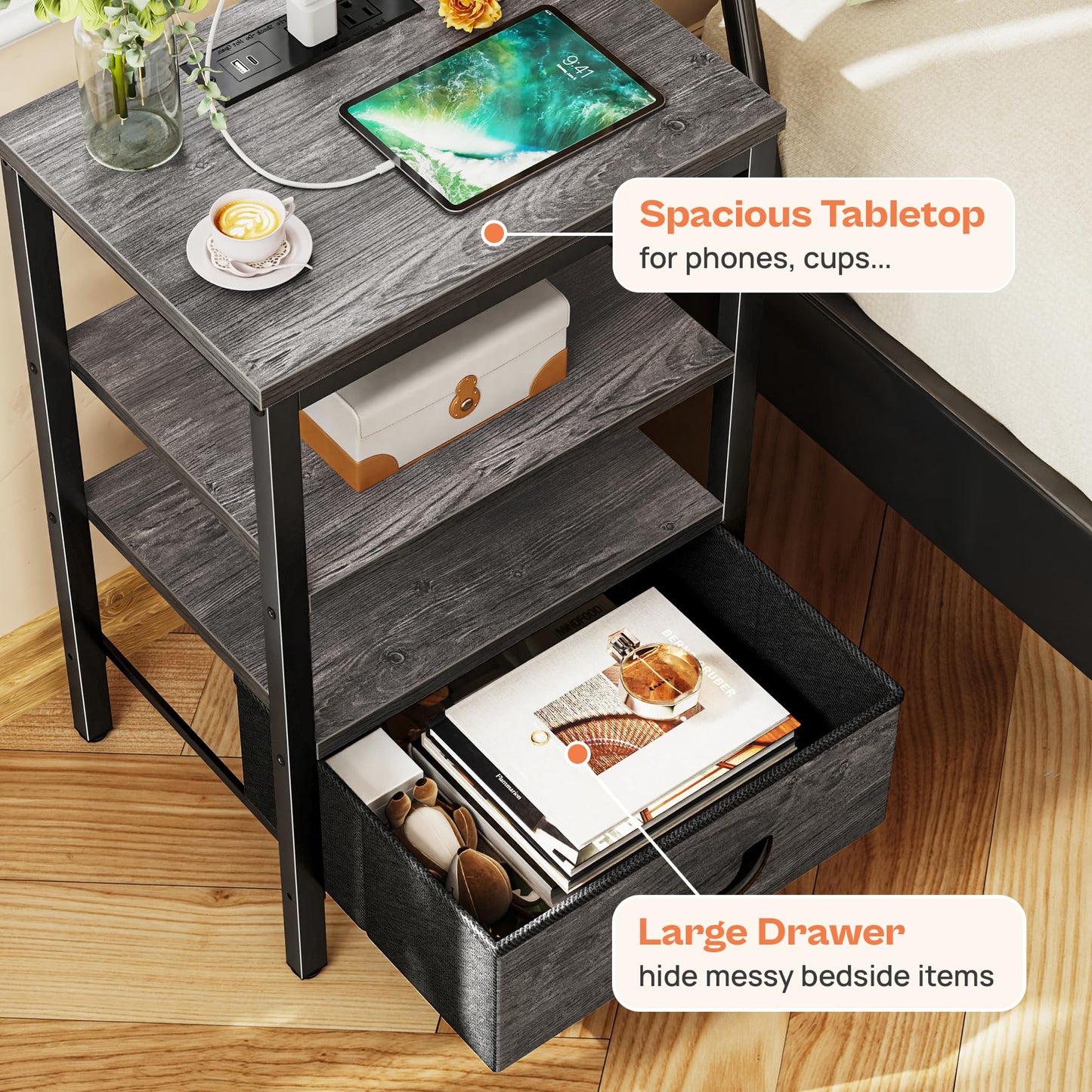 SUPERJARE Nightstand with Charging Station