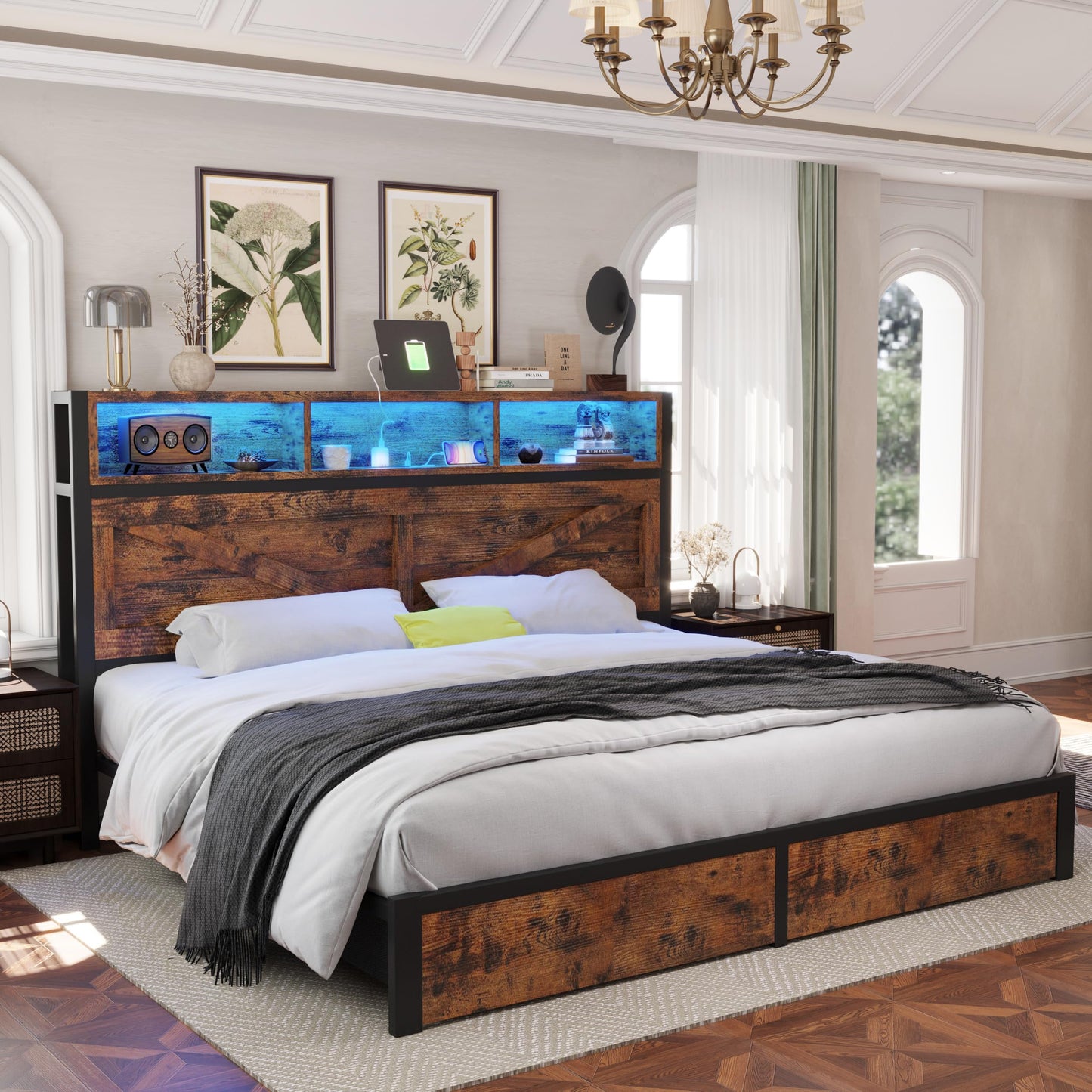 Farmhouse King Bed Frame with Headboard – Black