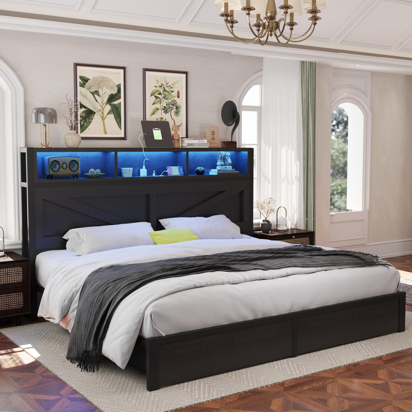 Farmhouse King Bed Frame with Headboard – Black