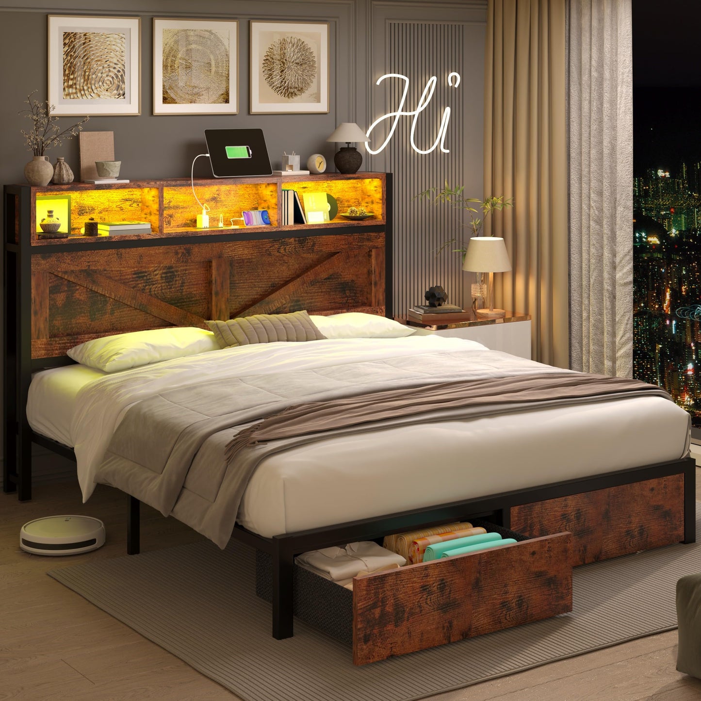 Farmhouse King Bed Frame with Headboard – Black