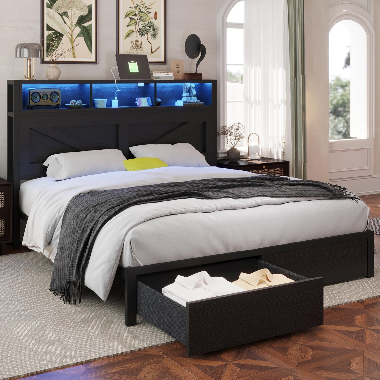 Farmhouse King Bed Frame with Headboard – Black