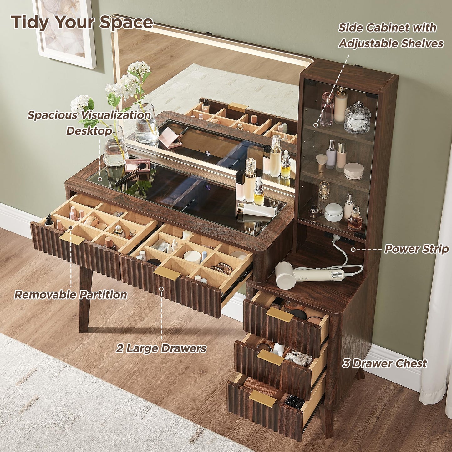 T4TREAM 48" Fluted Makeup Vanity Desk – Oak